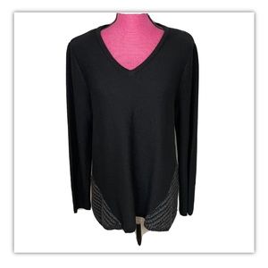 Style & Co Pullover Sweater L Black Grey V-Neck Mixed Knit Design High-Low Hem